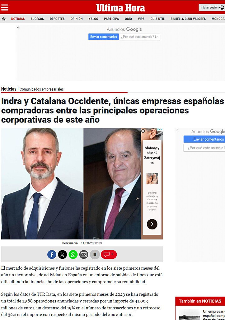 Indra y Catalana Occidente, nicas empresas espaolas compradoras entre las principales operaciones corporativas de este ao